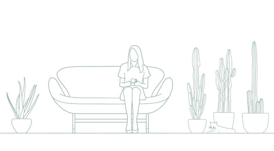 An image of a person sitting on a couch at their therapist's office. There are plants on each side of the couch, and a cat.